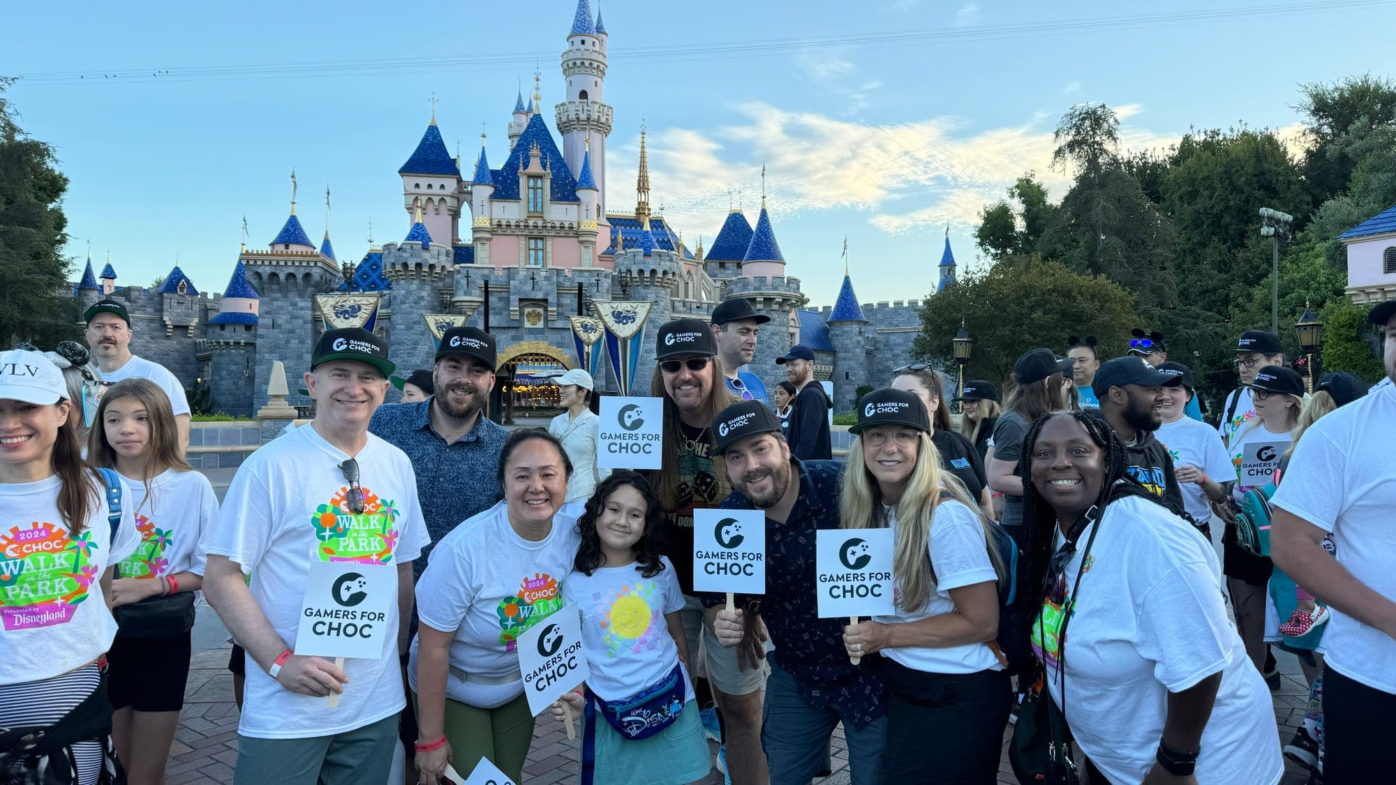 Team gathered in front of the castle